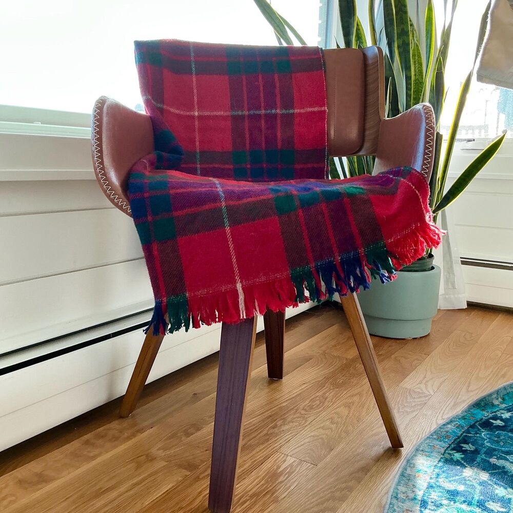 Wool Tartan Plaid Stadium Blanket Throw Fringe Red Green Blue White 34”x55”